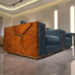 Hand-Forged Stainless Steel Sofa with Burl Wood Veneer & Handcrafted Gold Inlay